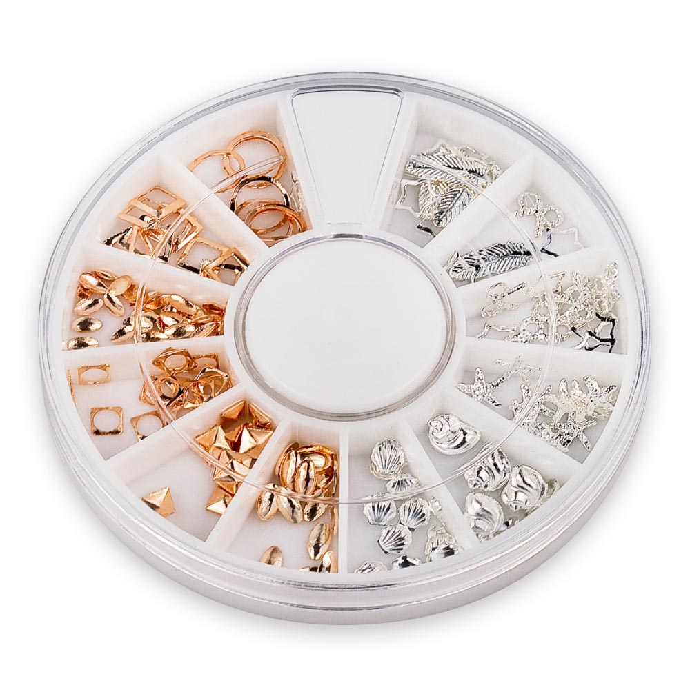 nail art box sa srebrnim rose gold ukrasima