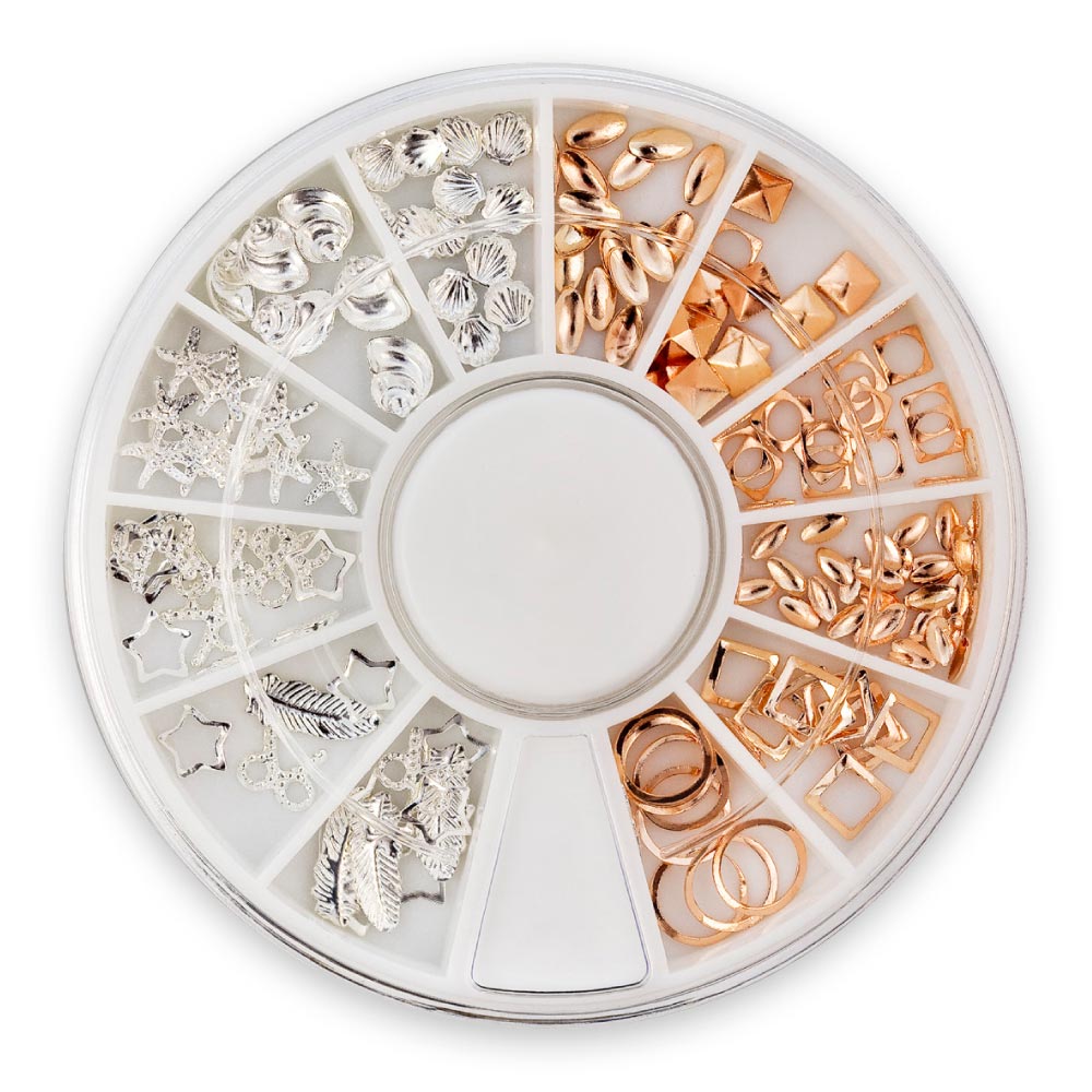 nail art box sa srebrnim rose gold ukrasima