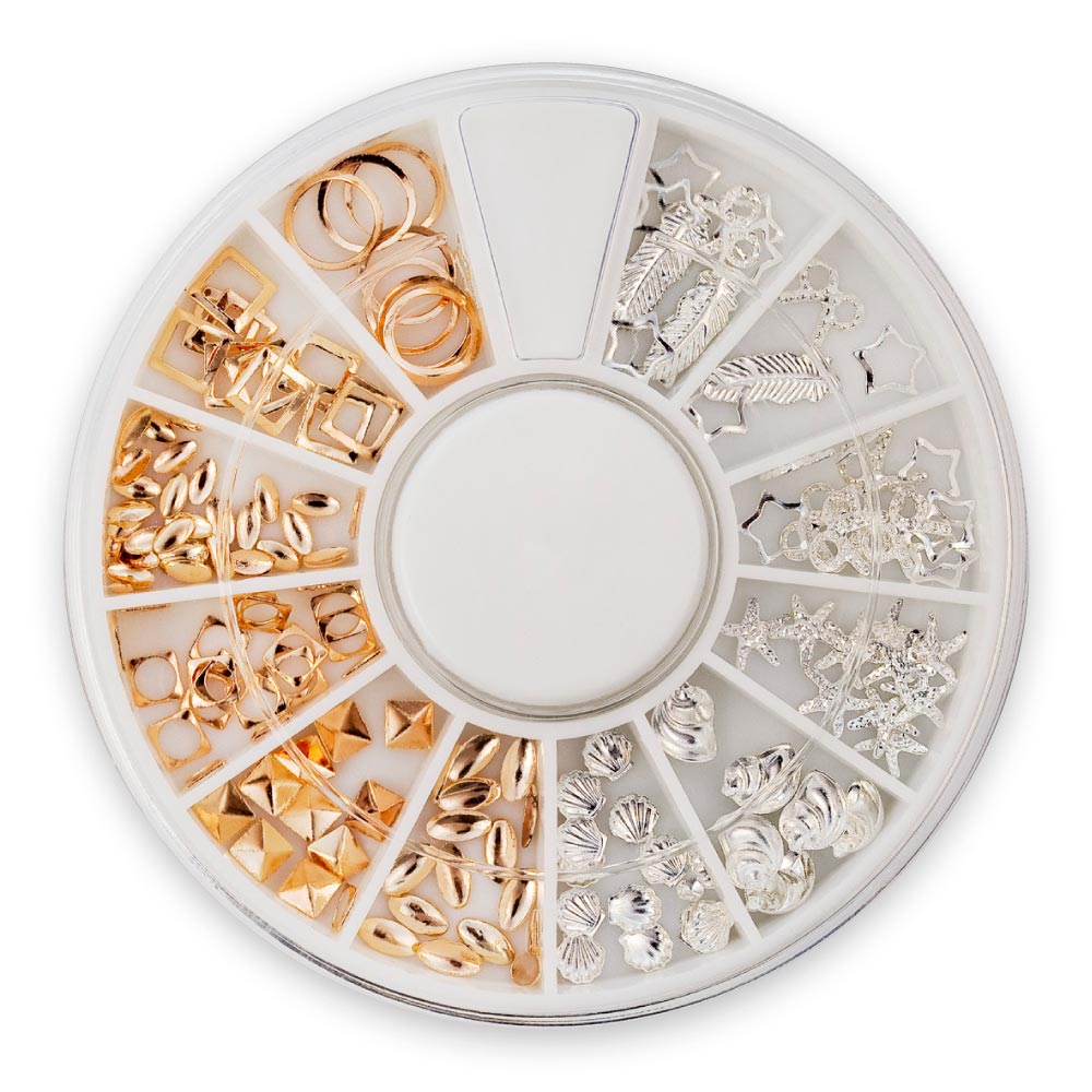 nail art box sa srebrnim rose gold ukrasima razni oblici