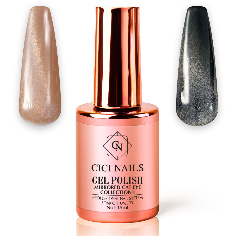 Cici nails mirrored cat eye ii 15ml gal lak primjer samostalne boje i na crnoj podlozi mirrored cat eye ii