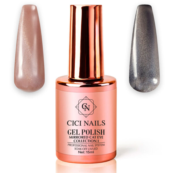 Cici nails mirrored cat eye iii 15ml gel lak primjer samostalne boje i na crnoj podlozi mirrored cat eye iii