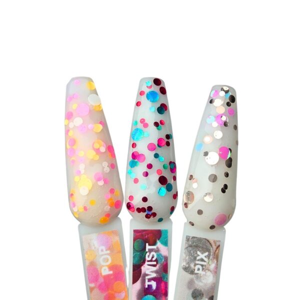 dreamy dots collectiontri glitter nijanse s velikim i malim konfeti česticama koje lebde u prozirnoj bazi